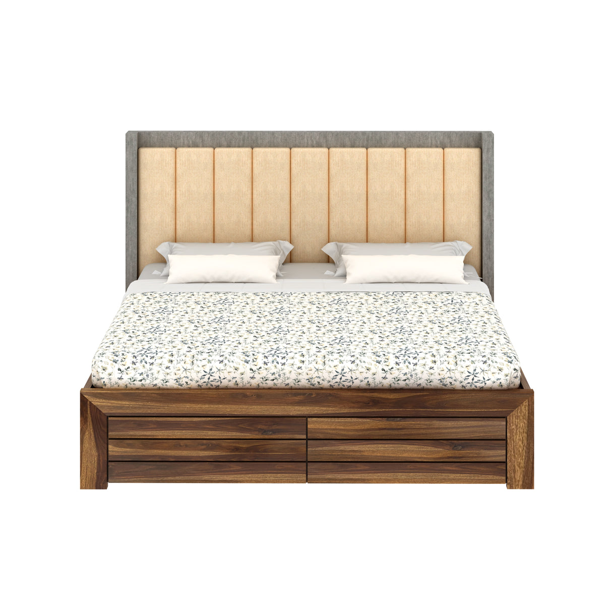 Hynes Solid Sheesham Wood Bed With Box Storage & Upholstered Headboard-1 Year Warranty(Luxe Edition)