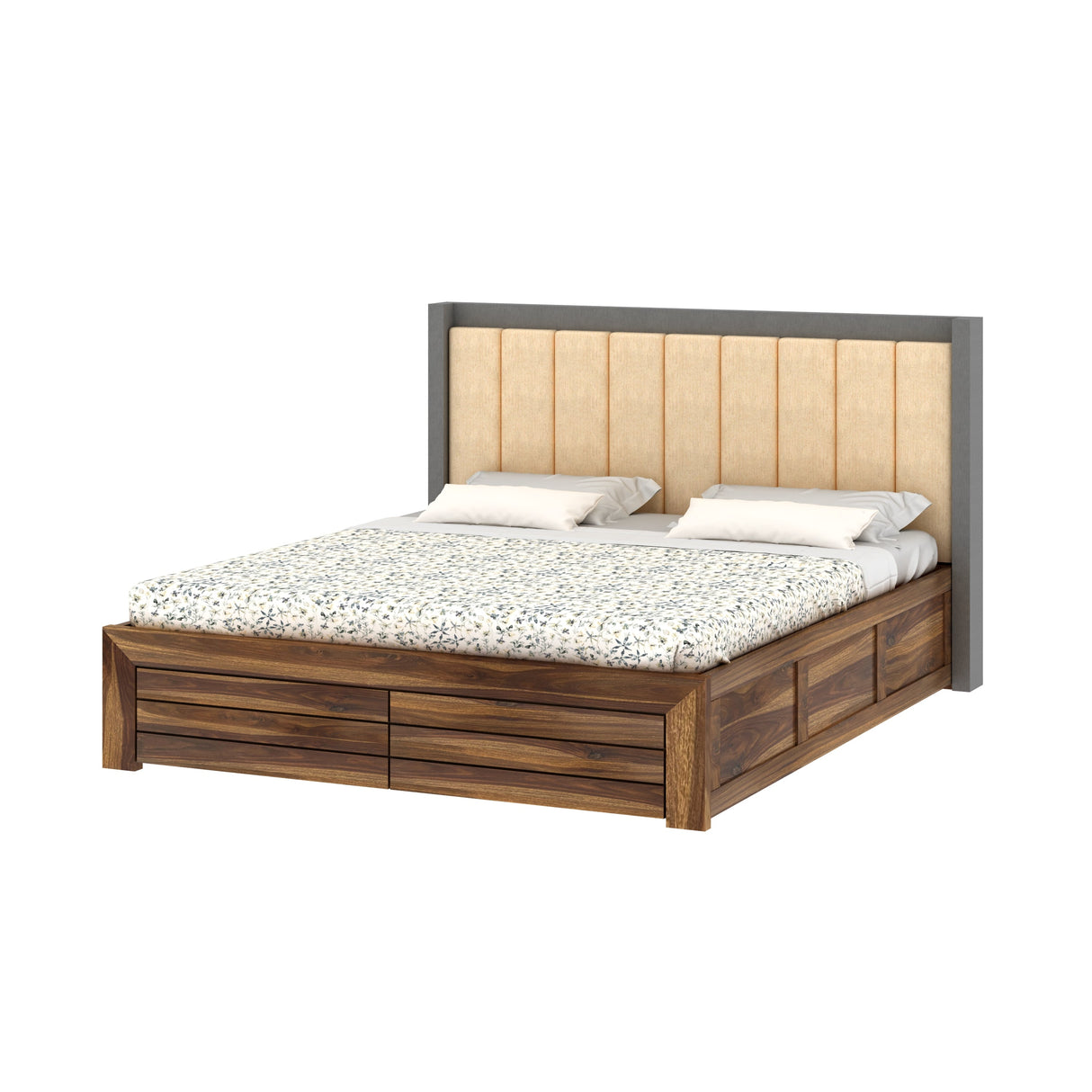 Hynes Solid Sheesham Wood Bed With Box Storage & Upholstered Headboard-3 years Warranty(Luxe Edition)