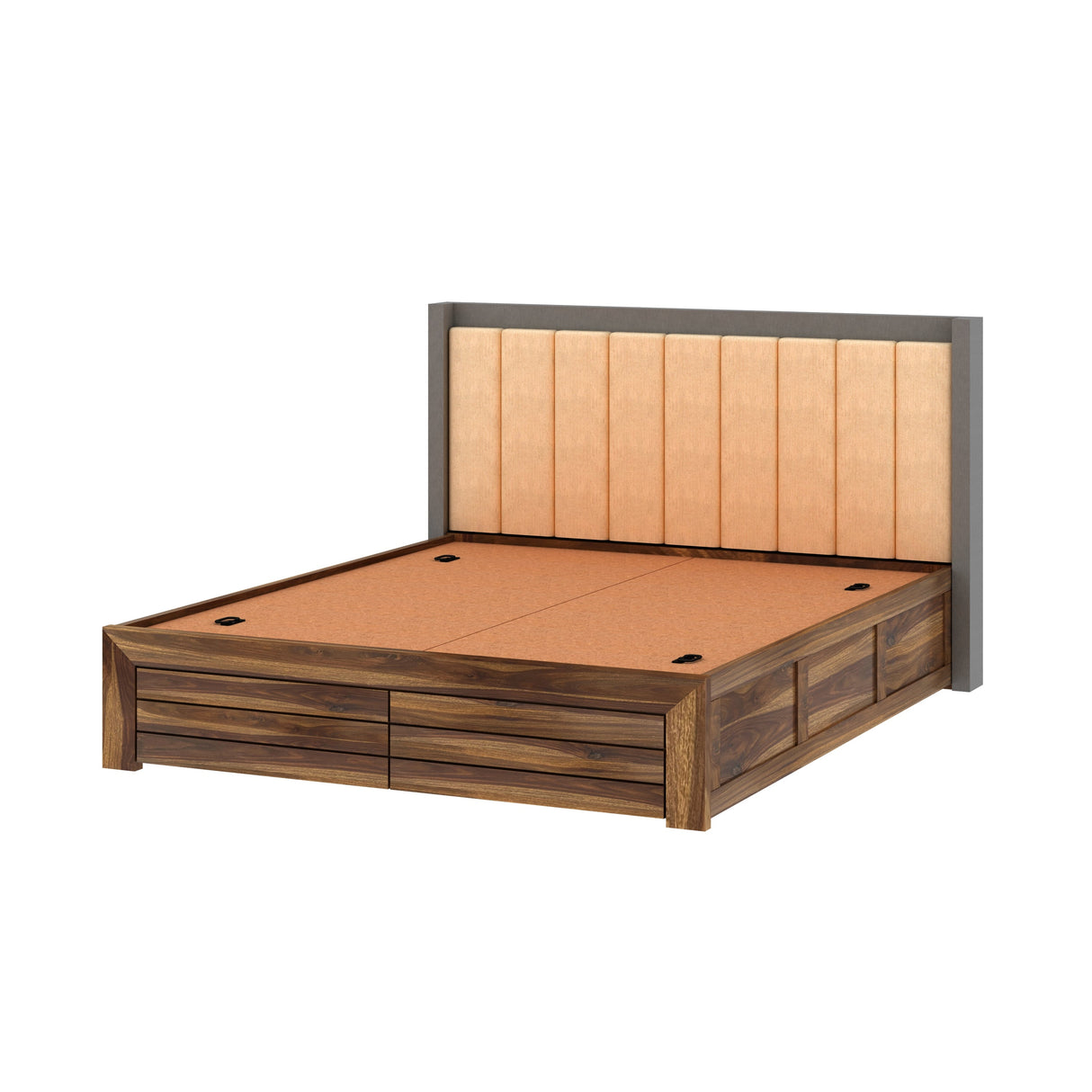 Hynes Solid Sheesham Wood Bed With Box Storage & Upholstered Headboard-3 years Warranty(Luxe Edition)