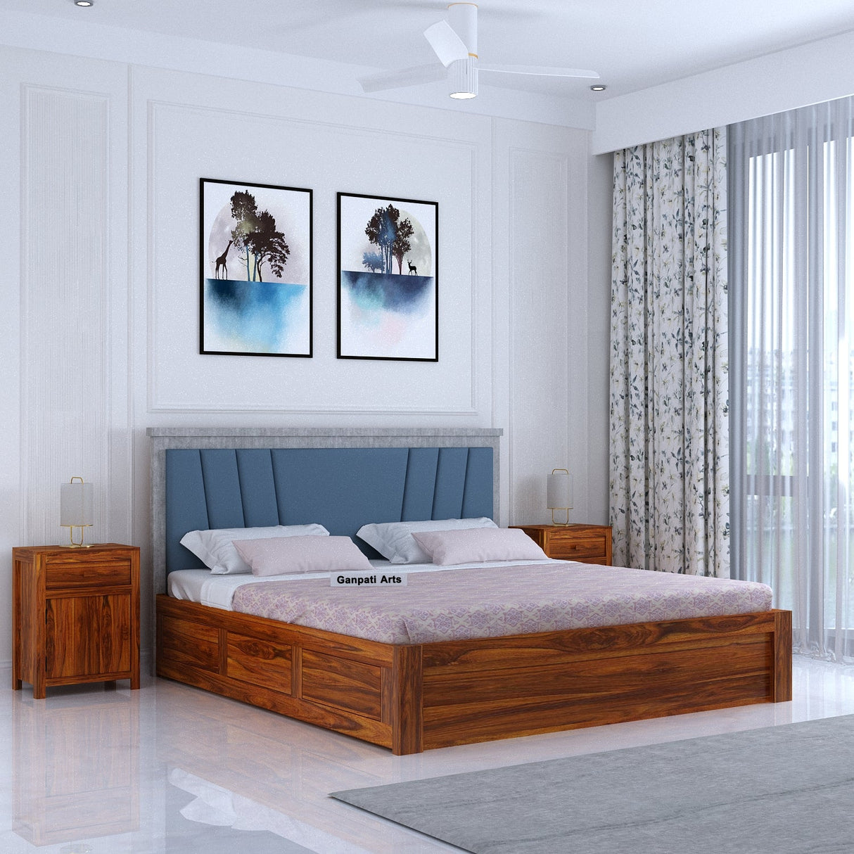 Emporio Solid Sheesham Wood Bed With Box Storage & Upholstered Headboard-3 years Warranty(LUXE EDITION)