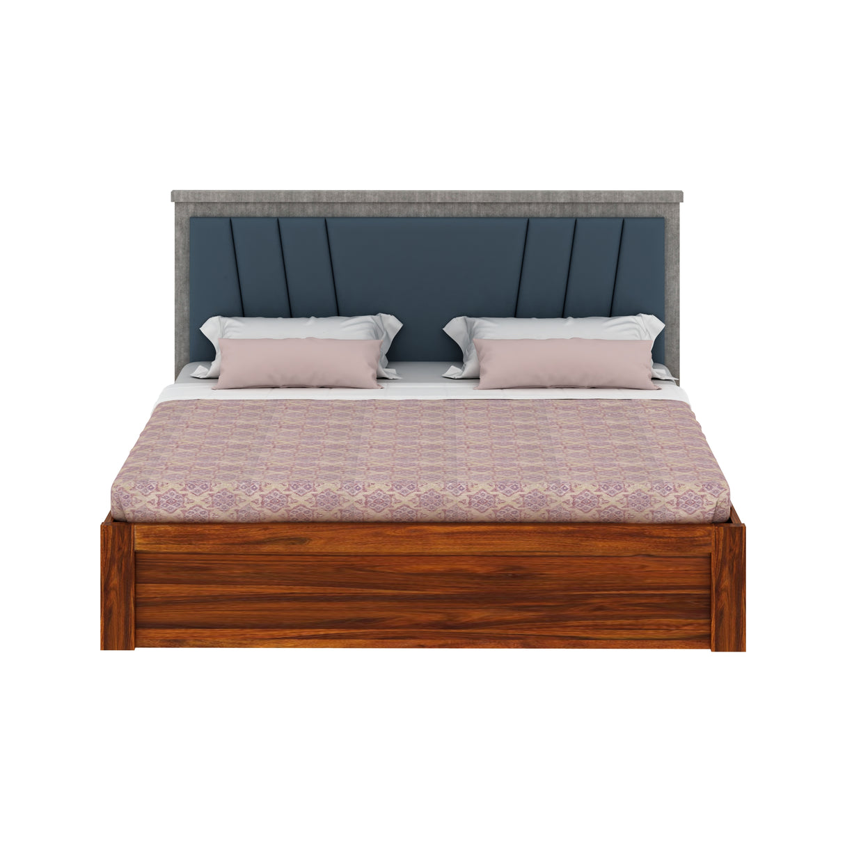 Emporio Solid Sheesham Wood Bed With Box Storage & Upholstered Headboard-3 years Warranty(LUXE EDITION)