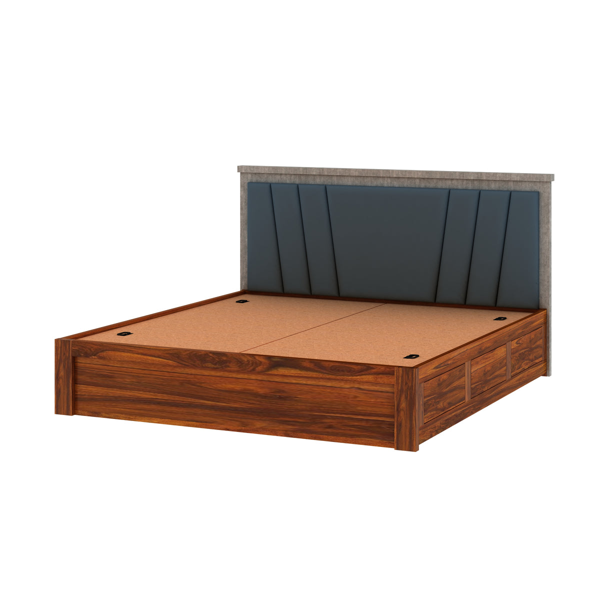 Emporio Solid Sheesham Wood Bed With Box Storage & Upholstered Headboard-3 years Warranty(LUXE EDITION)