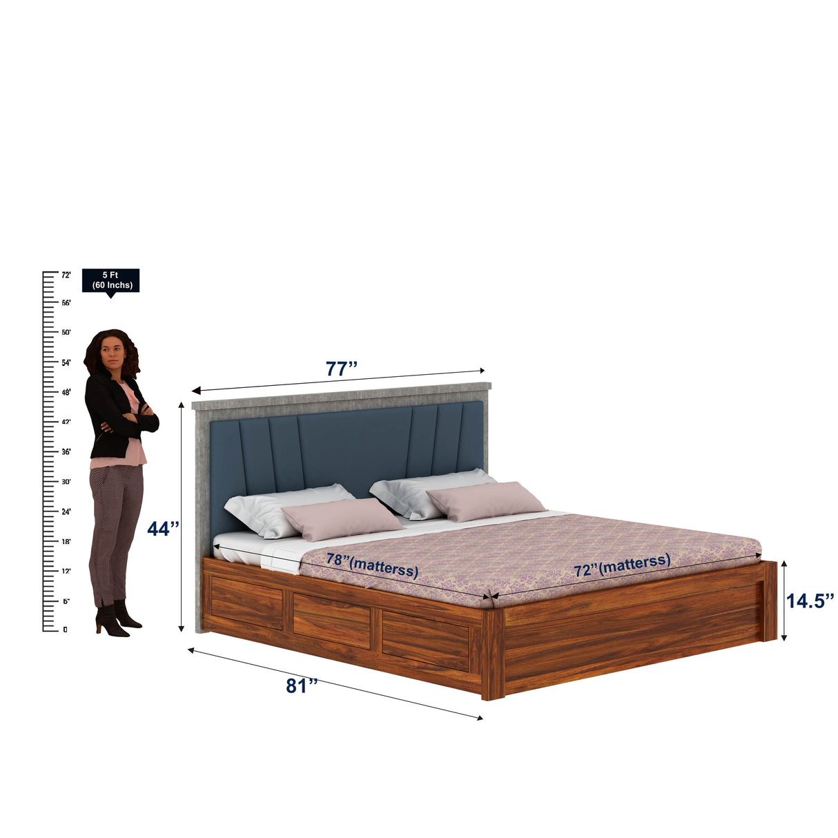 Emporio Solid Sheesham Wood Bed With Box Storage & Upholstered Headboard-3 years Warranty(LUXE EDITION)