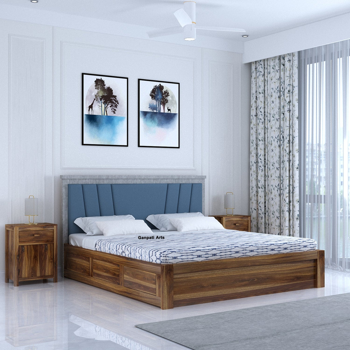 Emporio Solid Sheesham Wood Bed With Box Storage & Upholstered Headboard-3 years Warranty(LUXE EDITION)
