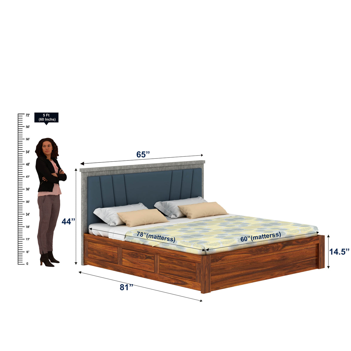 Emporio Solid Sheesham Wood Bed With Box Storage & Upholstered Headboard-3 years Warranty(LUXE EDITION)