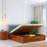 Emporio Solid Sheesham Wood Bed With Hydraulic Box Storage & Upholstered Headboard-3 years Warranty(LUXE EDITION)