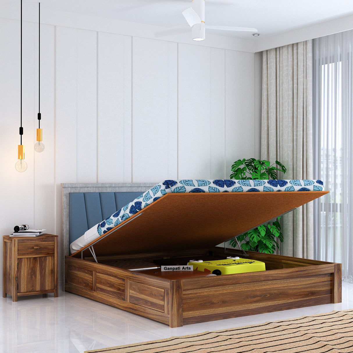 Emporio Solid Sheesham Wood Bed With Hydraulic Box Storage & Upholstered Headboard-3 years Warranty(LUXE EDITION)