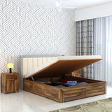 Hynes Solid Sheesham Wood Bed With Hydraulic Box Storage & Upholstered Headboard-3 years Warranty(LUXE EDITION)