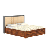 Hynes Solid Sheesham Wood Bed With Hydraulic Box Storage & Upholstered Headboard-1 Year Warranty(LUXE EDITION)