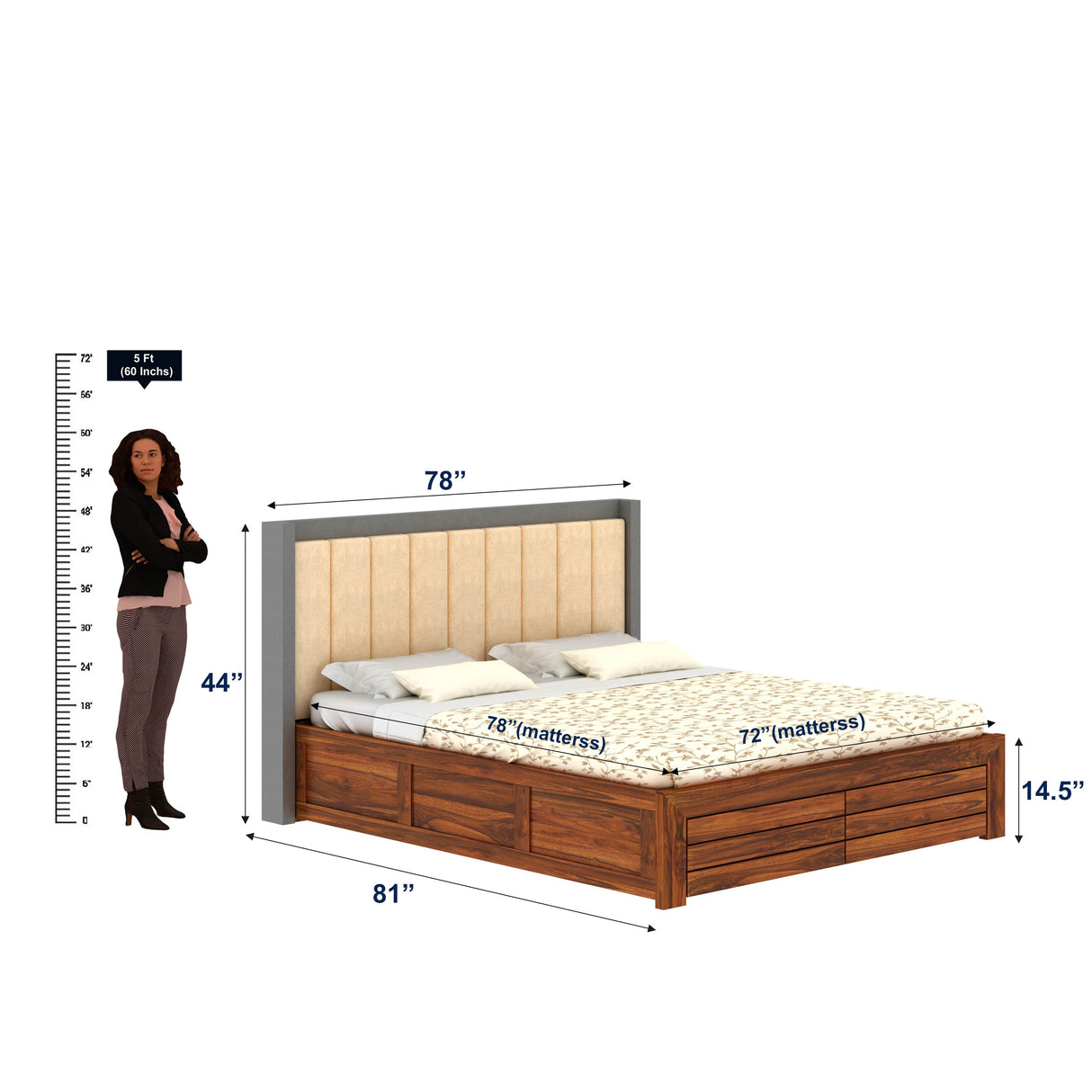 Hynes Solid Sheesham Wood Bed With Hydraulic Box Storage & Upholstered Headboard-3 years Warranty(LUXE EDITION)
