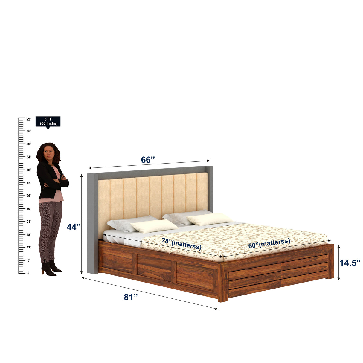 Hynes Solid Sheesham Wood Bed With Hydraulic Box Storage & Upholstered Headboard-3 years Warranty(LUXE EDITION)