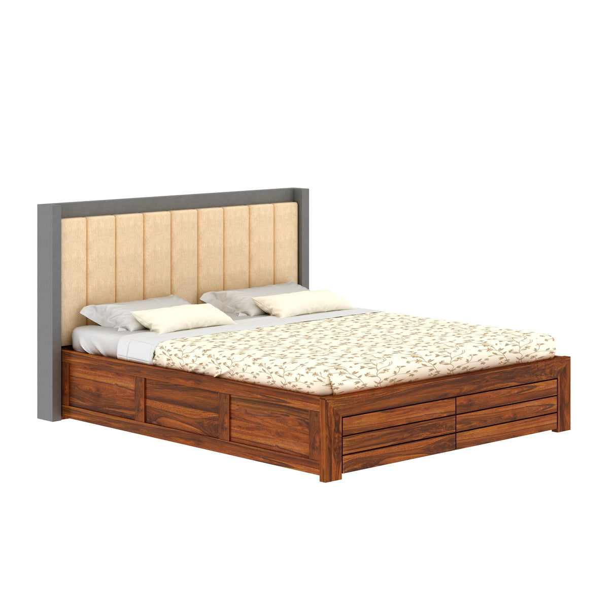 Hynes Solid Sheesham Wood Bed With Hydraulic Box Storage & Upholstered Headboard-3 years Warranty(LUXE EDITION)