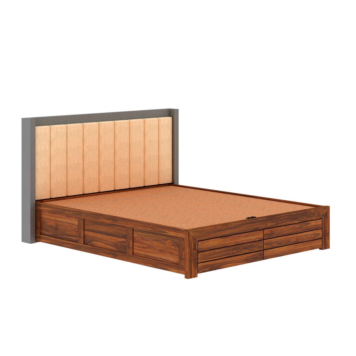 Hynes Solid Sheesham Wood Bed With Hydraulic Box Storage & Upholstered Headboard-1 Year Warranty(LUXE EDITION)