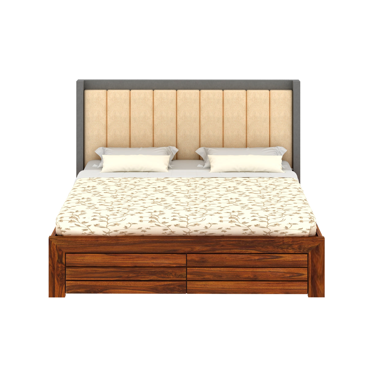 Hynes Solid Sheesham Wood Bed With Hydraulic Box Storage & Upholstered Headboard-1 Year Warranty(LUXE EDITION)