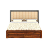 Hynes Solid Sheesham Wood Bed With Hydraulic Box Storage & Upholstered Headboard-1 Year Warranty(LUXE EDITION)