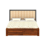 Hynes Solid Sheesham Wood Bed With Hydraulic Box Storage & Upholstered Headboard-3 years Warranty(LUXE EDITION)