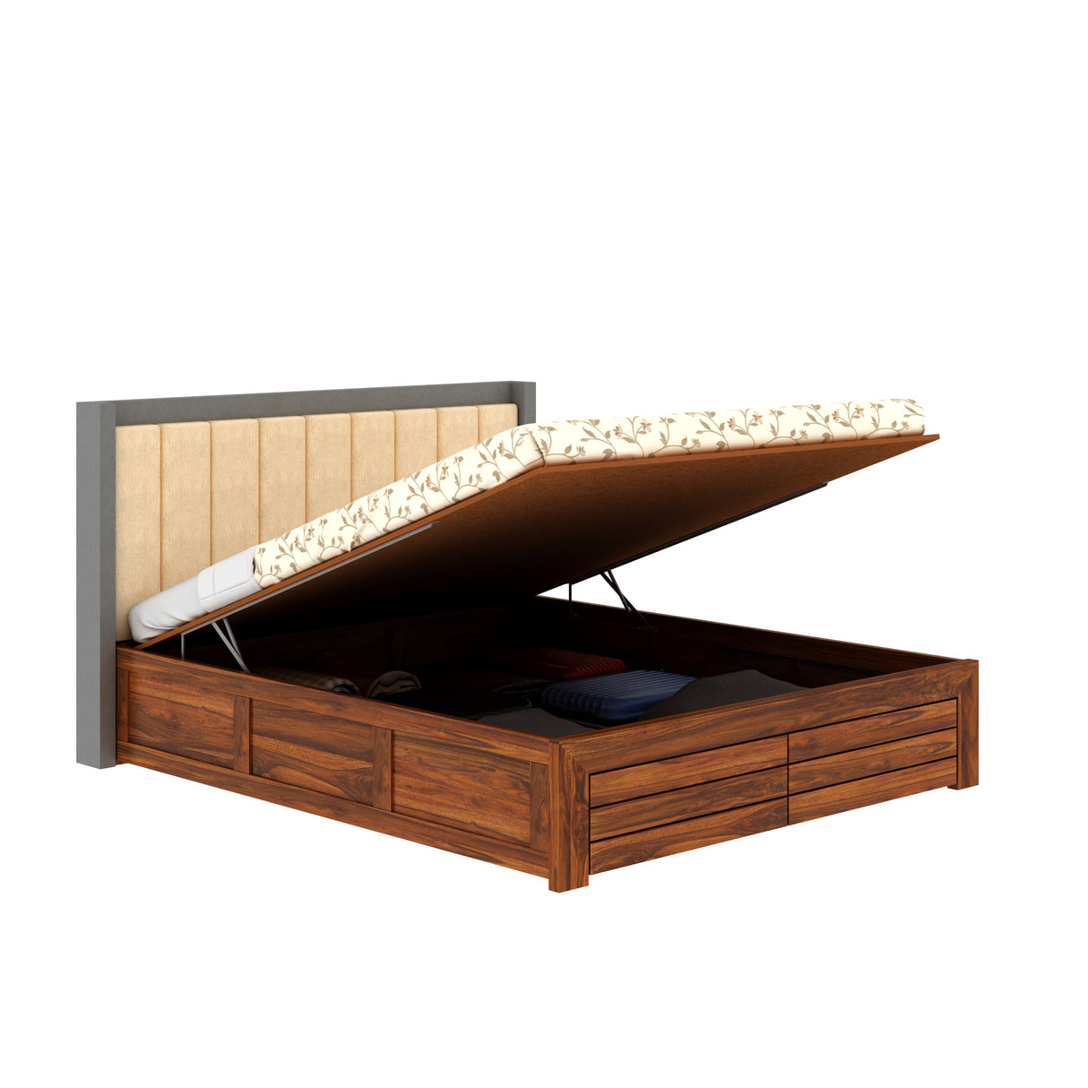 Hynes Solid Sheesham Wood Bed With Hydraulic Box Storage & Upholstered Headboard-3 years Warranty(LUXE EDITION)