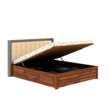 Hynes Solid Sheesham Wood Bed With Hydraulic Box Storage & Upholstered Headboard-3 years Warranty(LUXE EDITION)
