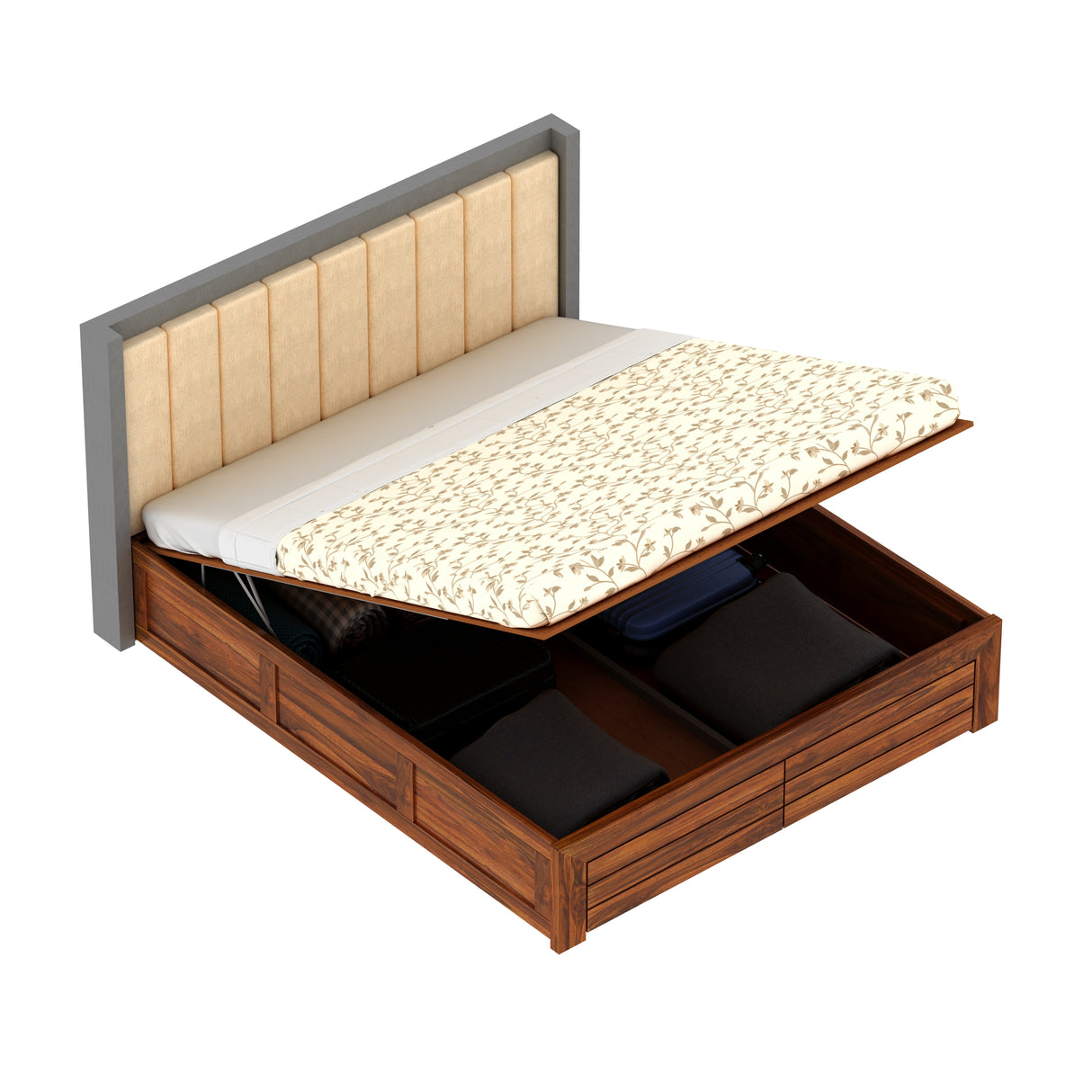 Hynes Solid Sheesham Wood Bed With Hydraulic Box Storage & Upholstered Headboard-1 Year Warranty(LUXE EDITION)