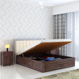 Hynes Solid Sheesham Wood Bed With Hydraulic Box Storage & Upholstered Headboard-3 years Warranty(LUXE EDITION)