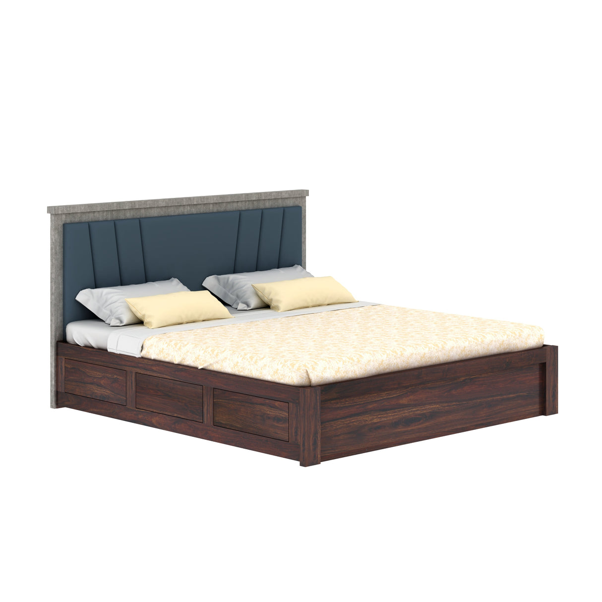 Emporio Solid Sheesham Wood Bed With Box Storage & Upholstered Headboard-3 years Warranty(LUXE EDITION)
