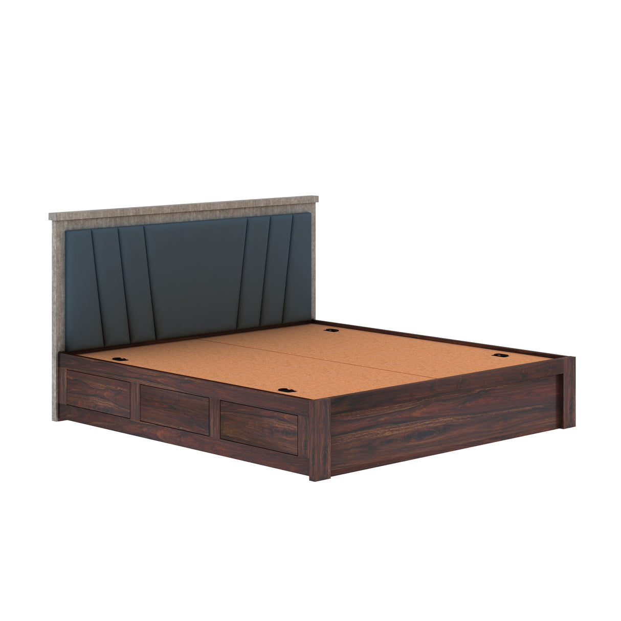 Emporio Solid Sheesham Wood Bed With Box Storage & Upholstered Headboard-1 Year Warranty(LUXE EDITION)