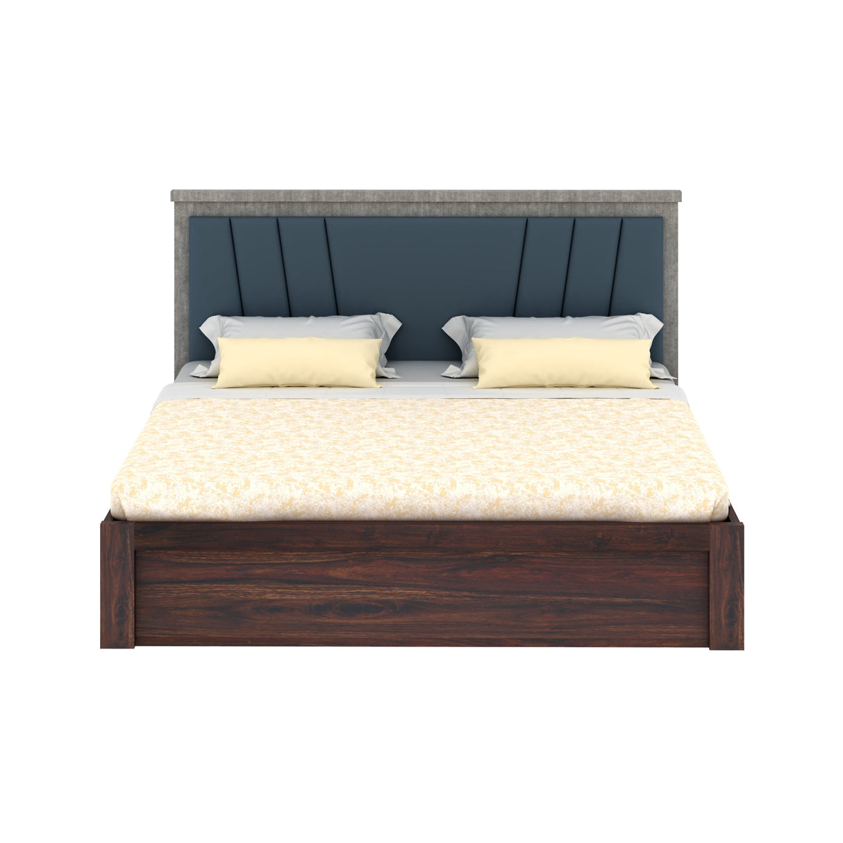 Emporio Solid Sheesham Wood Bed With Box Storage & Upholstered Headboard-3 years Warranty(LUXE EDITION)