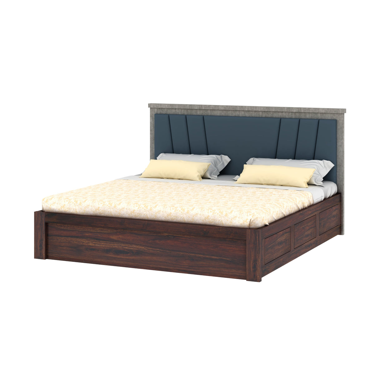 Emporio Solid Sheesham Wood Bed With Box Storage & Upholstered Headboard-3 years Warranty(LUXE EDITION)