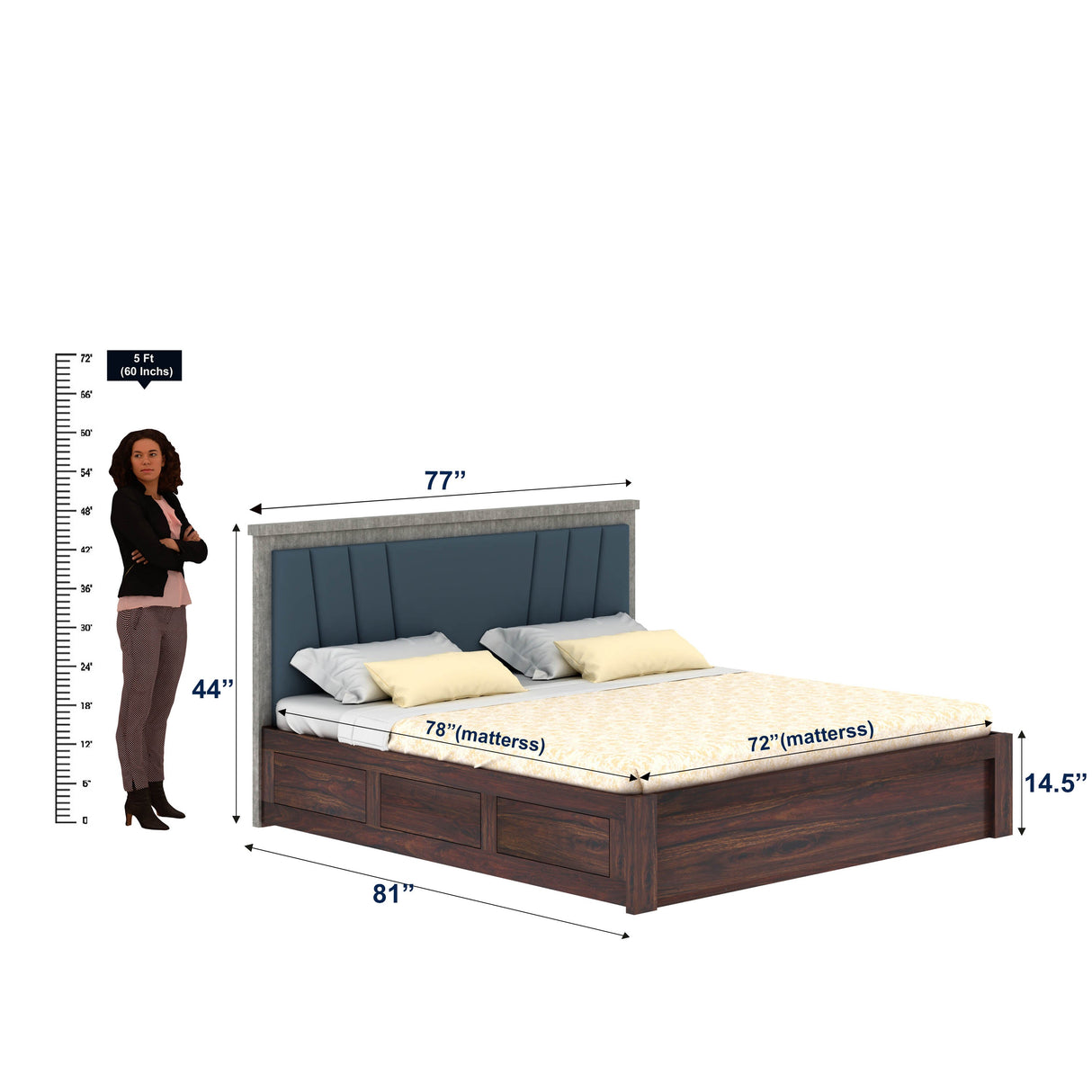 Emporio Solid Sheesham Wood Bed With Box Storage & Upholstered Headboard-3 years Warranty(LUXE EDITION)