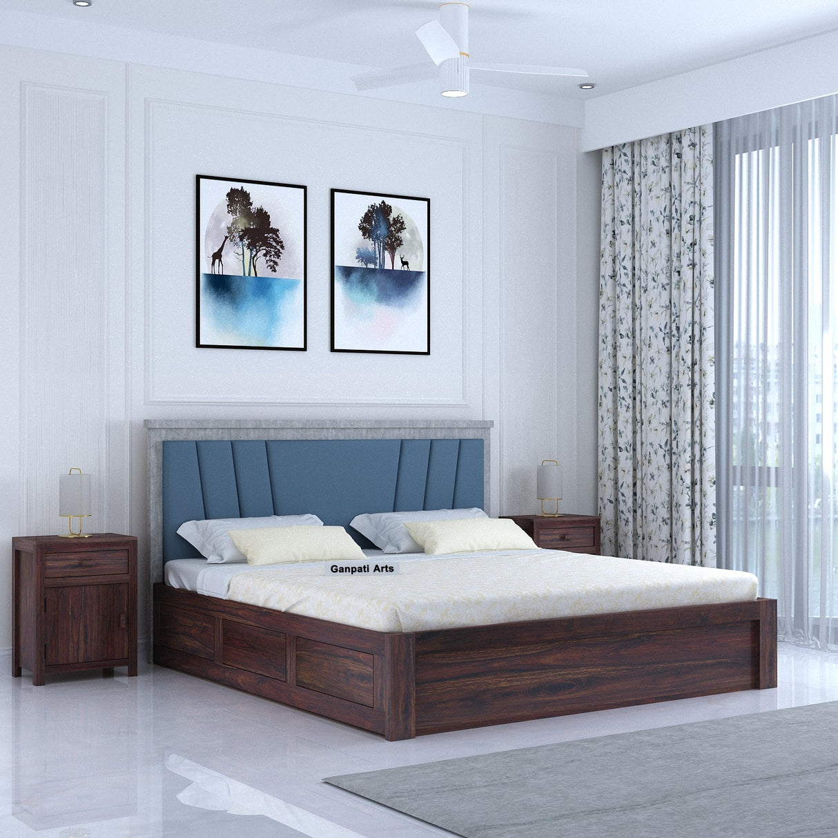 Emporio Solid Sheesham Wood Bed With Box Storage & Upholstered Headboard-3 years Warranty(LUXE EDITION)