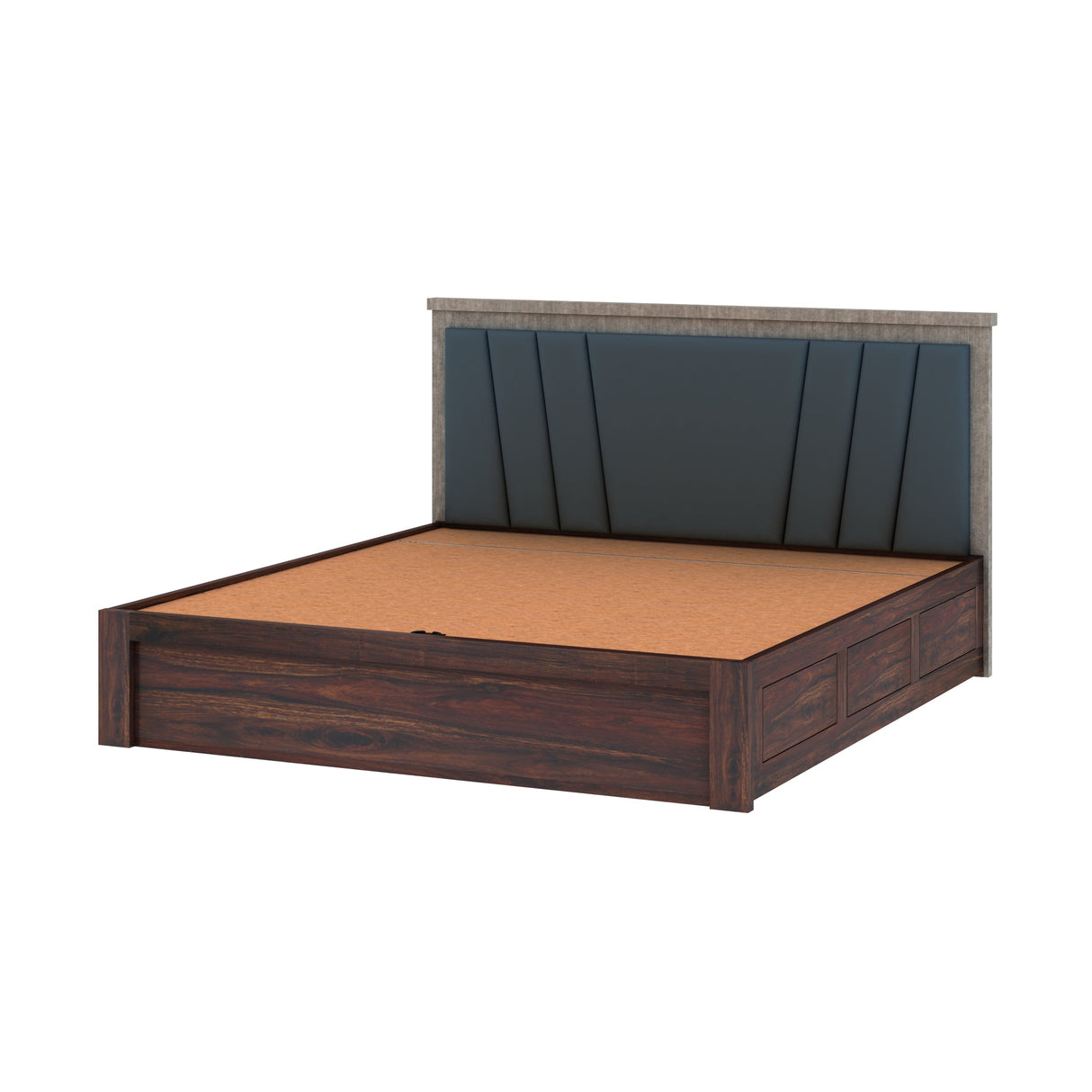 Emporio Solid Sheesham Wood Bed With Hydraulic Box Storage & Upholstered Headboard-3 years Warranty(LUXE EDITION)