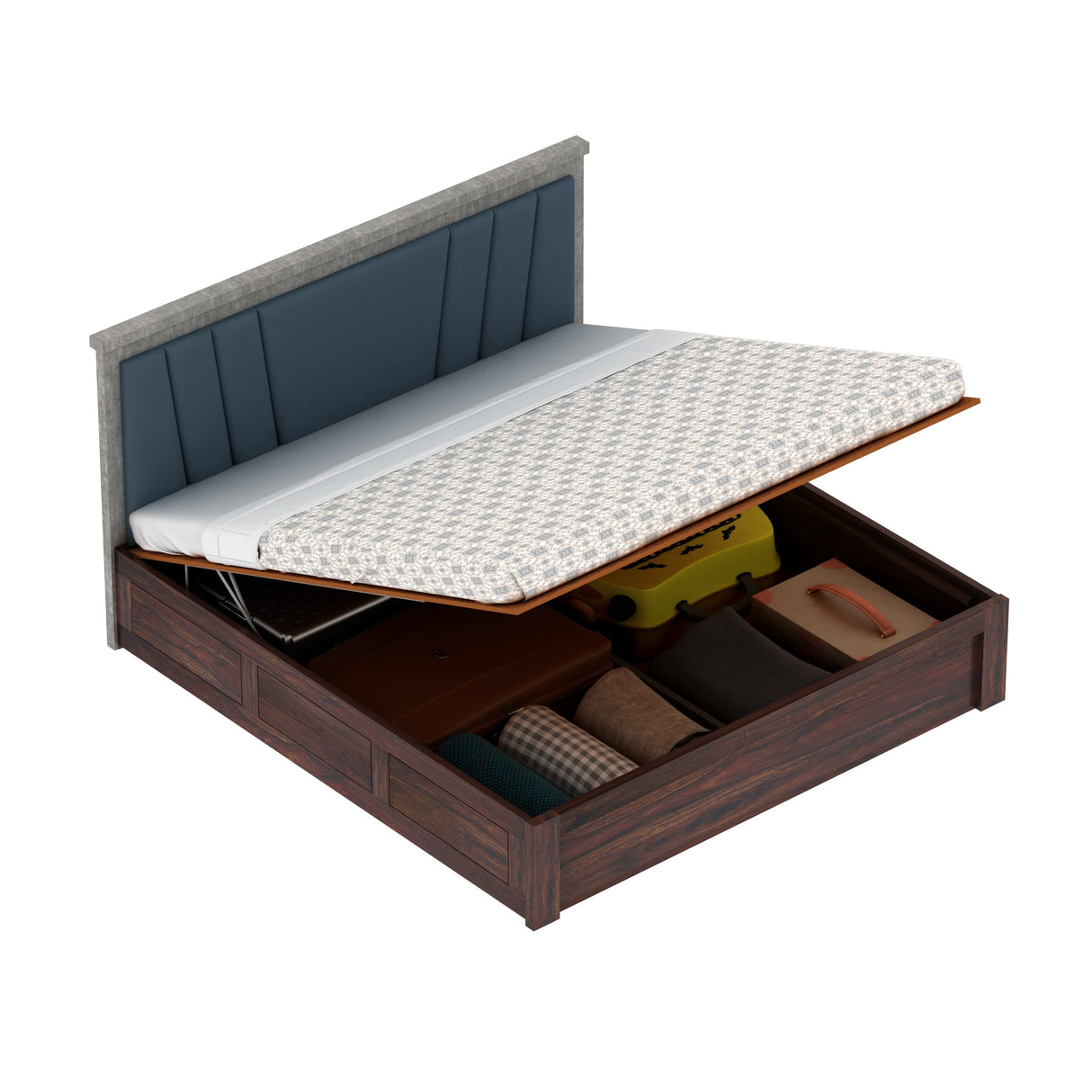 Emporio Solid Sheesham Wood Bed With Hydraulic Box Storage & Upholstered Headboard-3 years Warranty(LUXE EDITION)