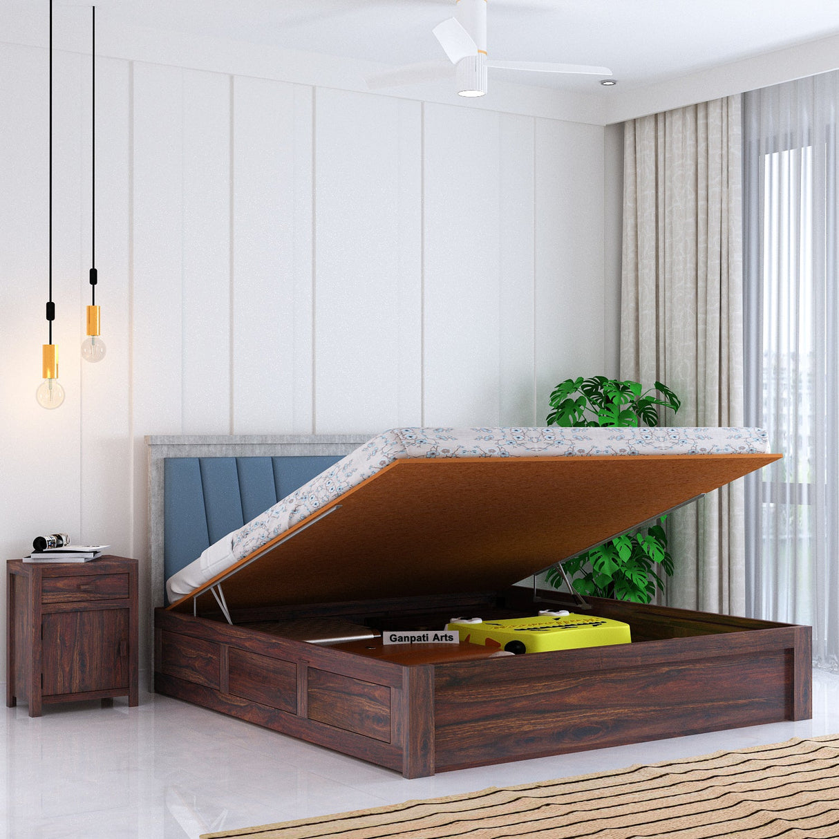Emporio Solid Sheesham Wood Bed With Hydraulic Box Storage & Upholstered Headboard-3 years Warranty(LUXE EDITION)