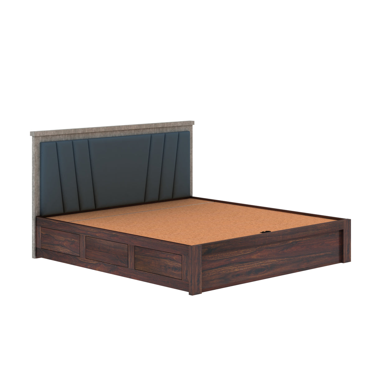 Emporio Solid Sheesham Wood Bed With Hydraulic Box Storage & Upholstered Headboard-1 Year Warranty(LUXE EDITION)