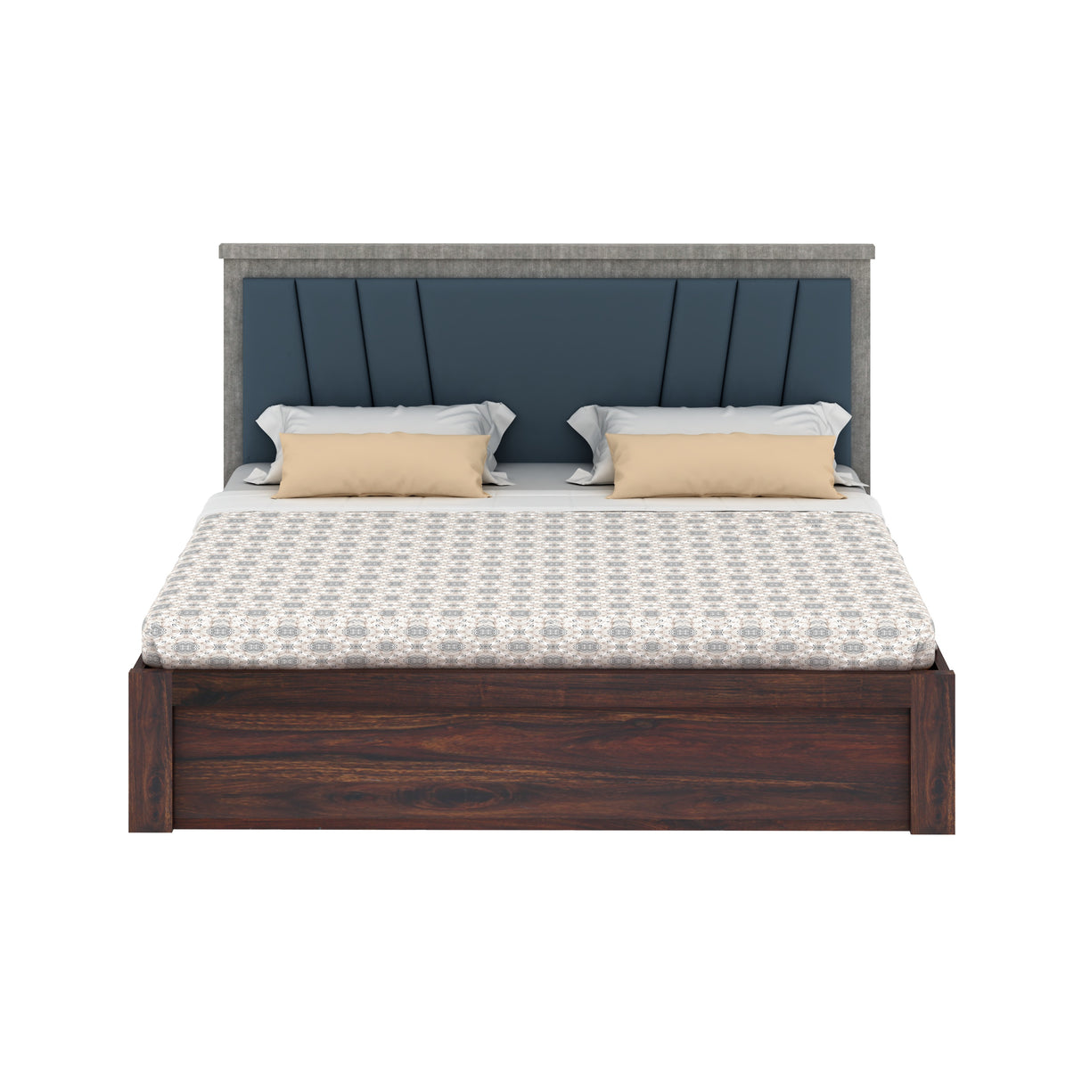 Emporio Solid Sheesham Wood Bed With Hydraulic Box Storage & Upholstered Headboard-1 Year Warranty(LUXE EDITION)