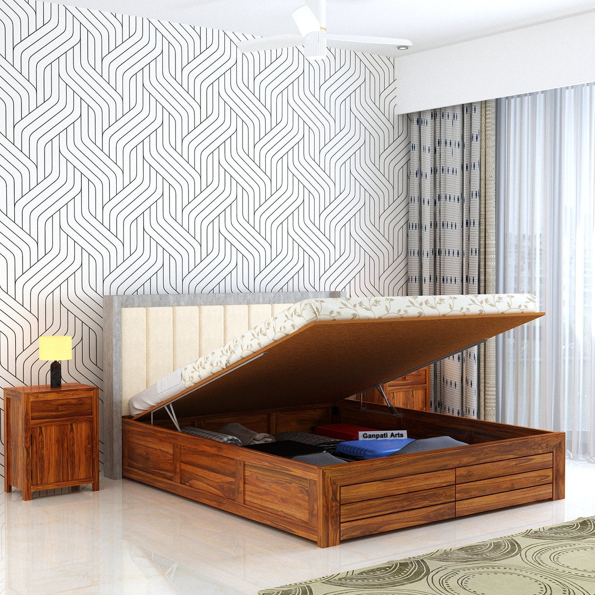 Hynes Solid Sheesham Wood Bed With Hydraulic Box Storage & Upholstered Headboard-3 years Warranty(LUXE EDITION)