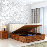 Hynes Solid Sheesham Wood Bed With Hydraulic Box Storage & Upholstered Headboard-3 years Warranty(LUXE EDITION)