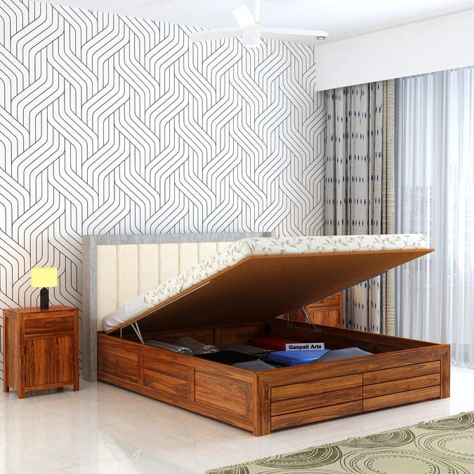 Hynes Solid Sheesham Wood Bed With Hydraulic Box Storage & Upholstered Headboard-3 years Warranty(LUXE EDITION) features