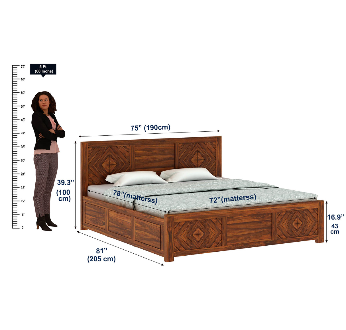 Wave Solid Sheesham Wood Bed with Box Storage - 3 Years Warranty