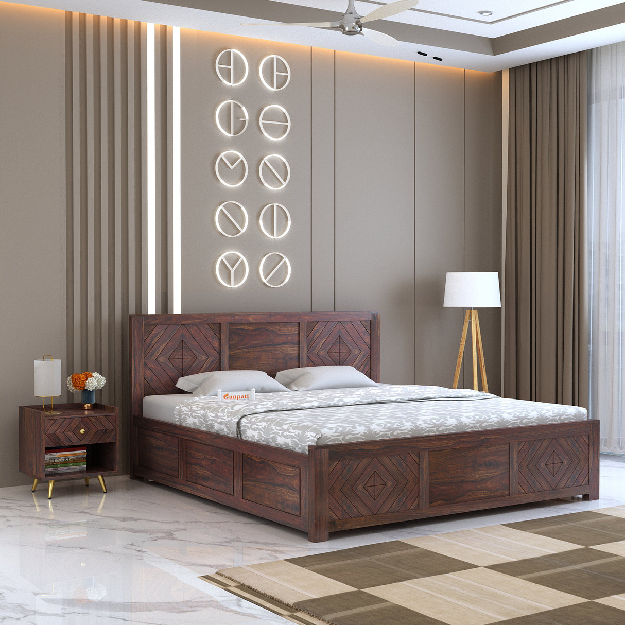 Wave Solid Sheesham Wood Bed with Box Storage - 3 Years Warranty