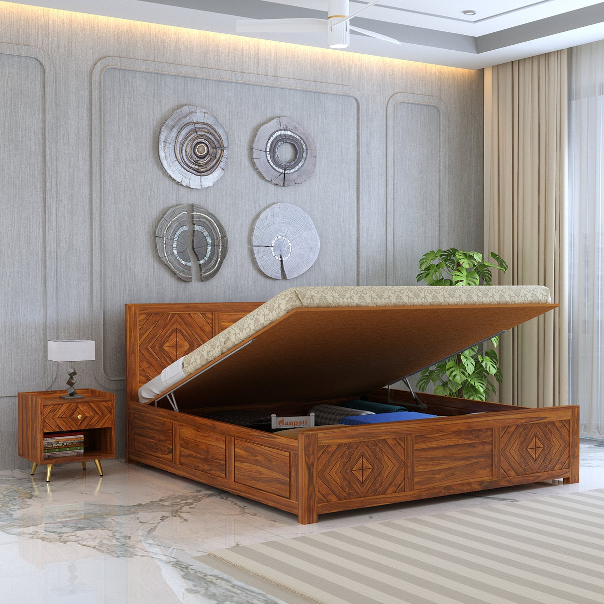 Wave Solid Sheesham Wood Bed with Hydraulic Storage - 3 Years Warranty