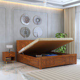 Wave Solid Sheesham Wood Bed with Hydraulic Storage - 3 Years Warranty