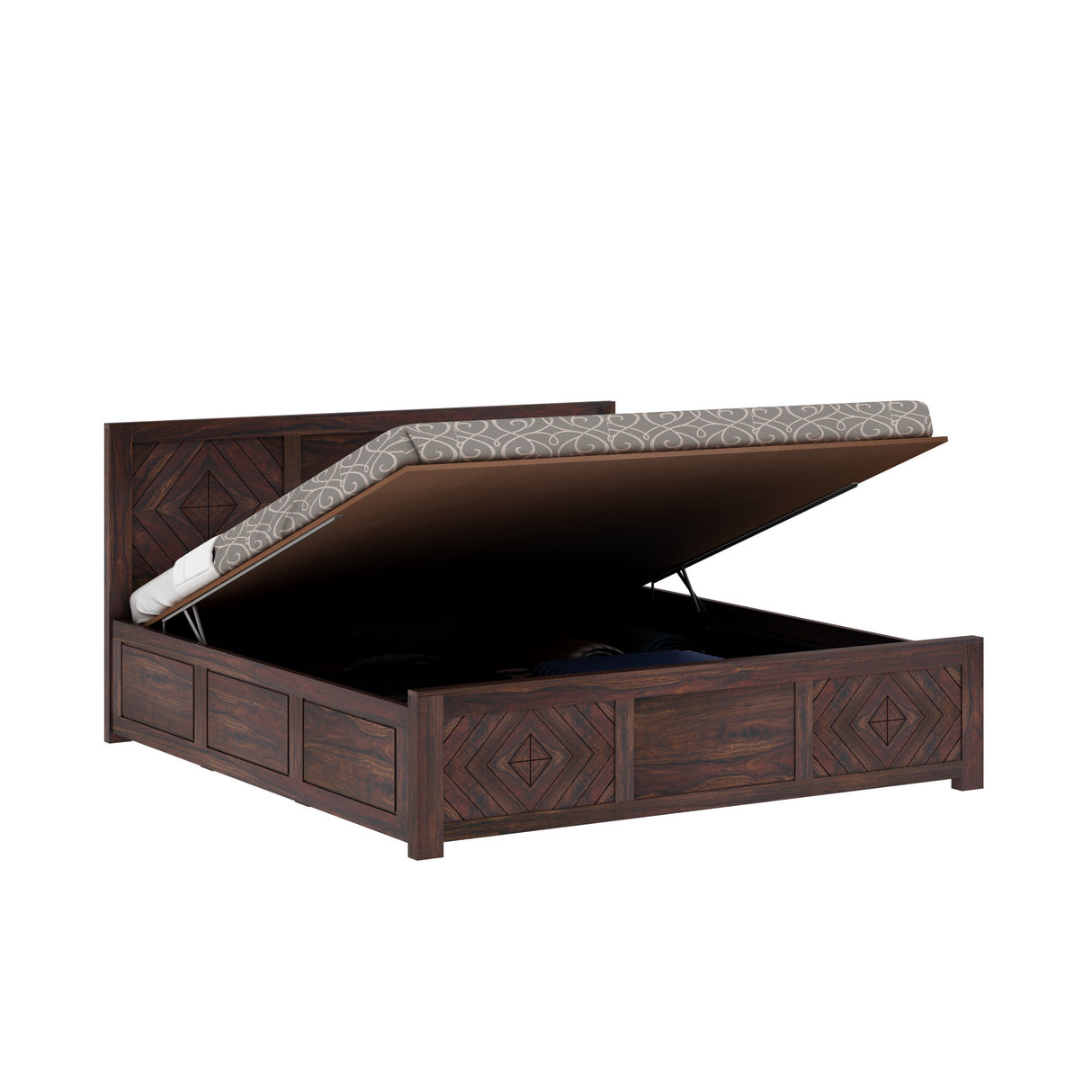 Wave Solid Sheesham Wood Bed with Hydraulic Storage - 3 Years Warranty