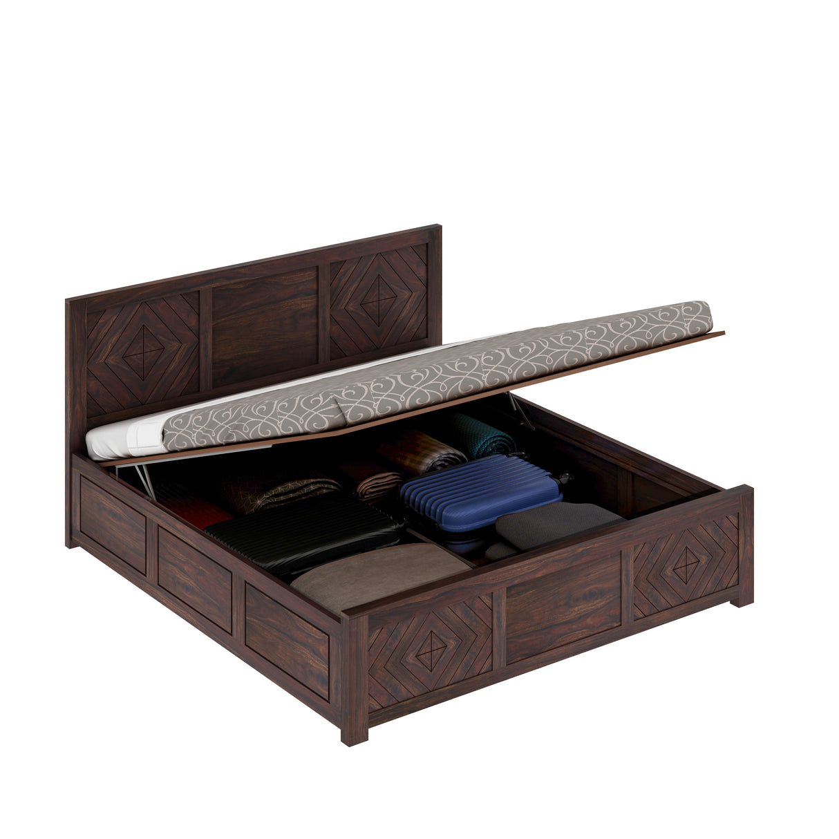 Wave Solid Sheesham Wood Bed with Hydraulic Storage - 3 Years Warranty