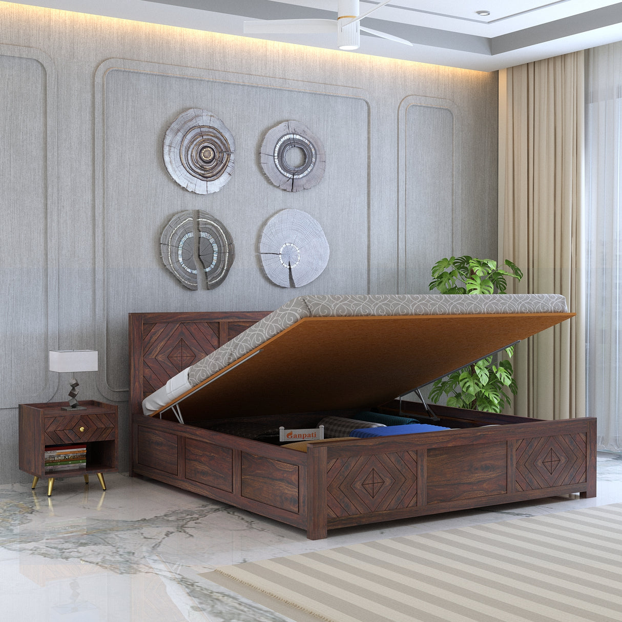 Wave Solid Sheesham Wood Bed with Hydraulic Storage - 3 Years Warranty
