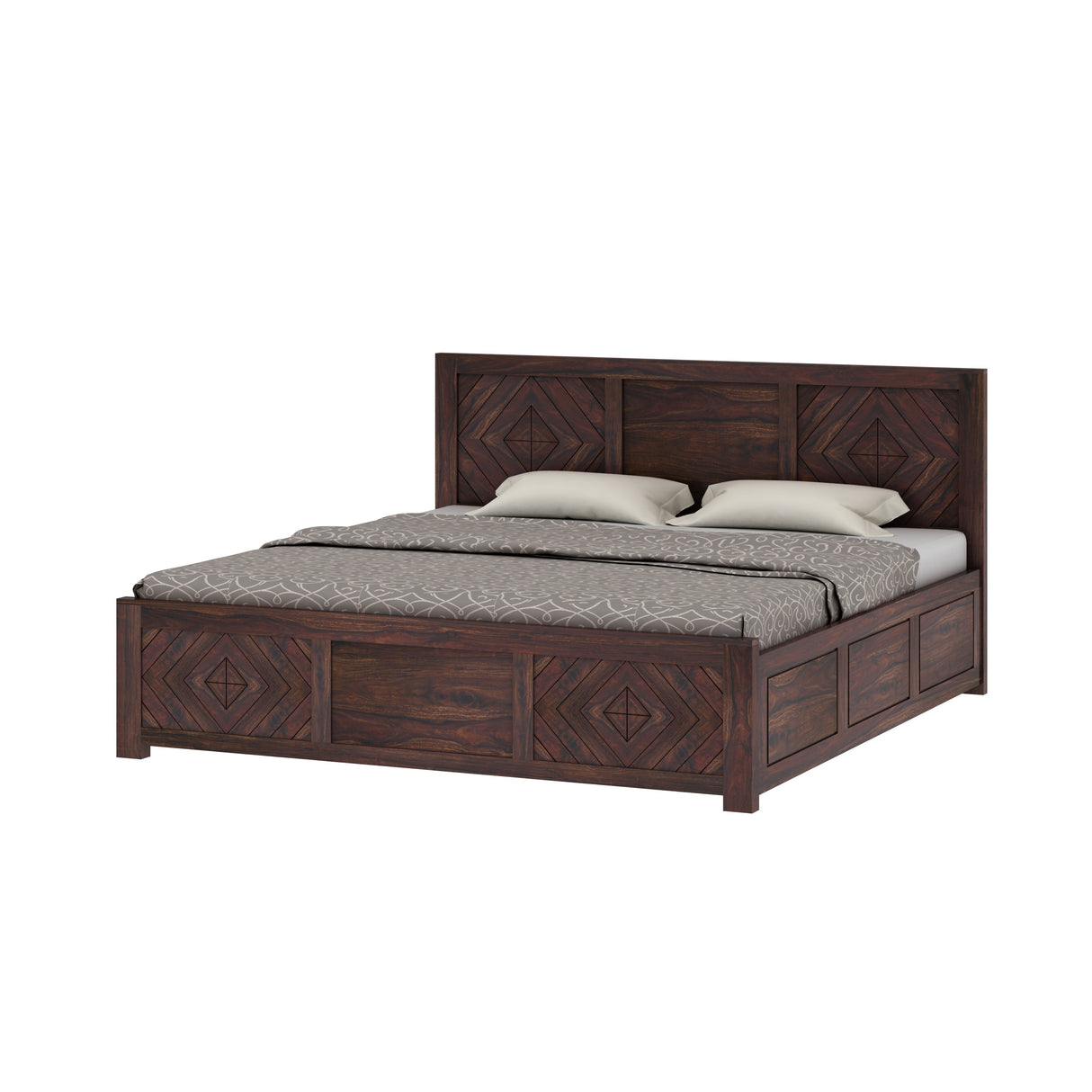 Wave Solid Sheesham Wood Bed with Hydraulic Storage - 3 Years Warranty