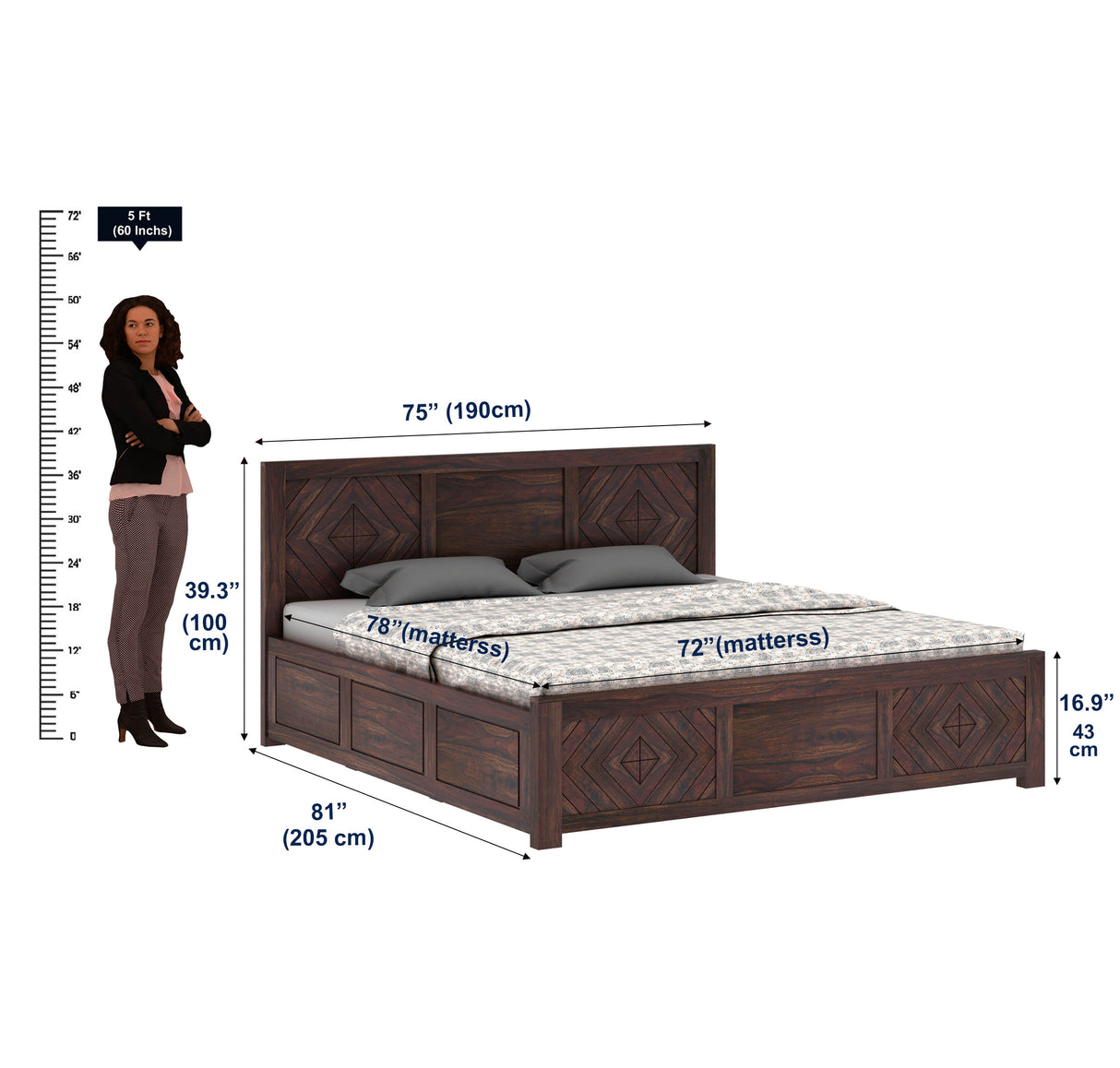 Wave Solid Sheesham Wood Bed with Hydraulic Storage - 3 Years Warranty