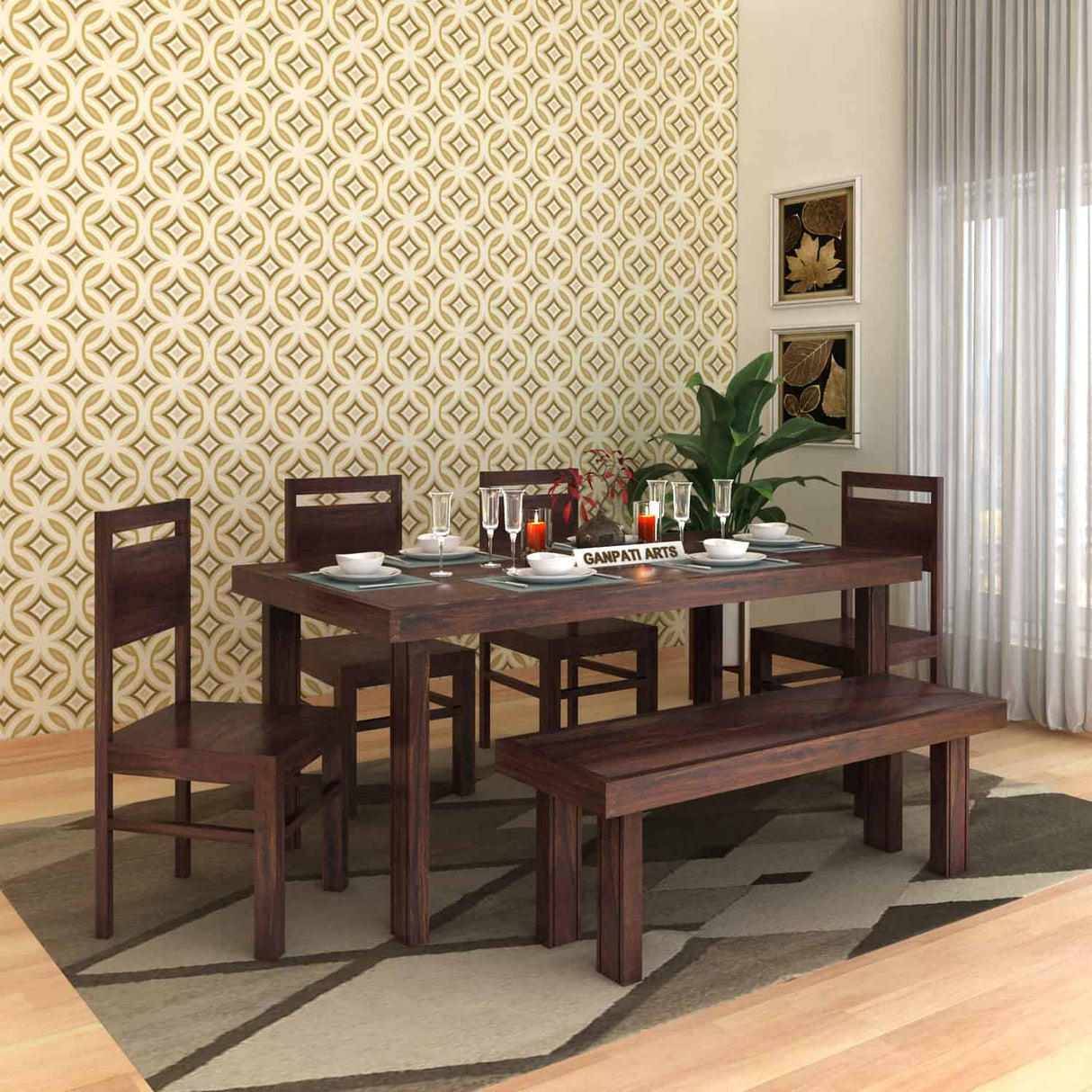 Jaipur Solid Sheesham Wood 6 Seater Dining Table Set - 1 Year Warranty