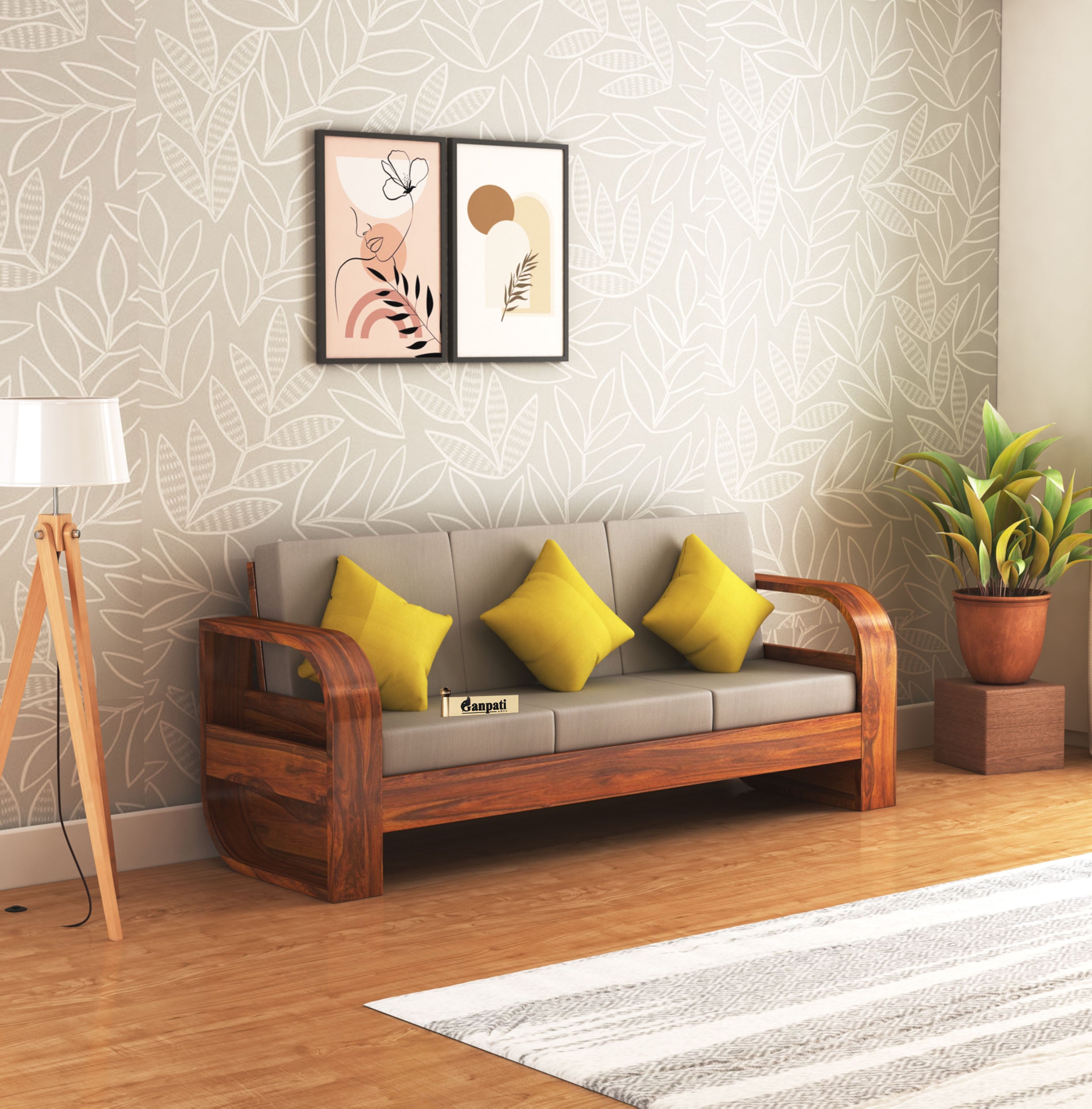 Crew Solid Sheesham Wood 3 Seater Sofa With Side Pocket - 3 Years Warranty