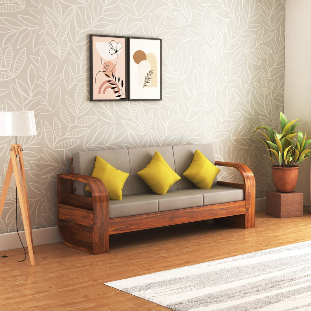 Crew Solid Sheesham Wood 3 Seater Sofa With Side Pocket - 3 Years Warranty